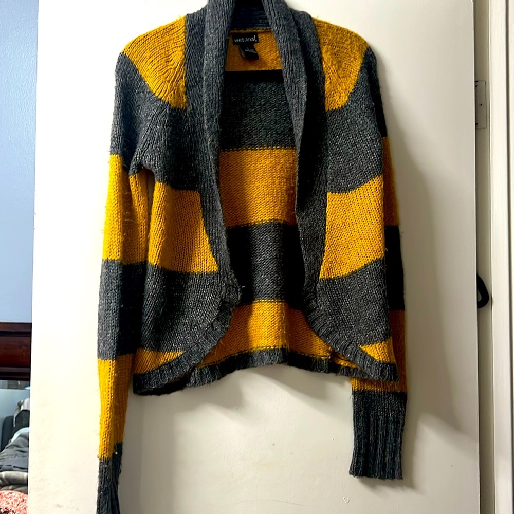 Small Wet Seal cardigan.  Y2K vibe with Yellow and grey stripes!